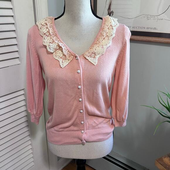IENA Womens Sweater Cardigan Small Pink Lace Trim Pearl Button Feminine Cottage - Picture 1 of 12